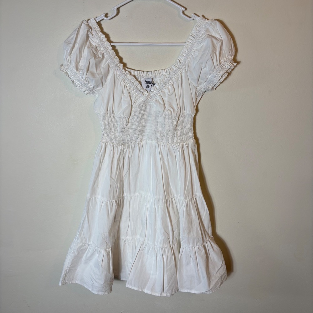 Princess Polly White Cotton Mini Dress Short Sleeve Smocked Tiered Summer Size 4